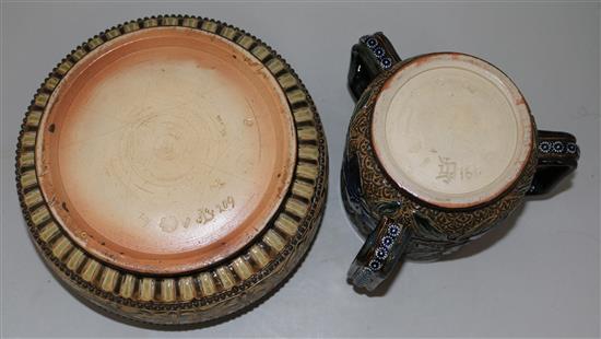 A Doulton Lambeth silver-mounted loving cup by Louisa J Davies and two similar fruit bowls, one by Louisa E. Edwards loving cup height